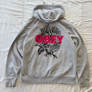 OBEY Grey Graphic Hoodie Pink Logo Black Rose Oversized Streetwear Baggy